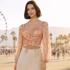 Baby doll Pink Floral Bustier Crop Top Boho Coachella Smocked Ruched Puff Sleeve